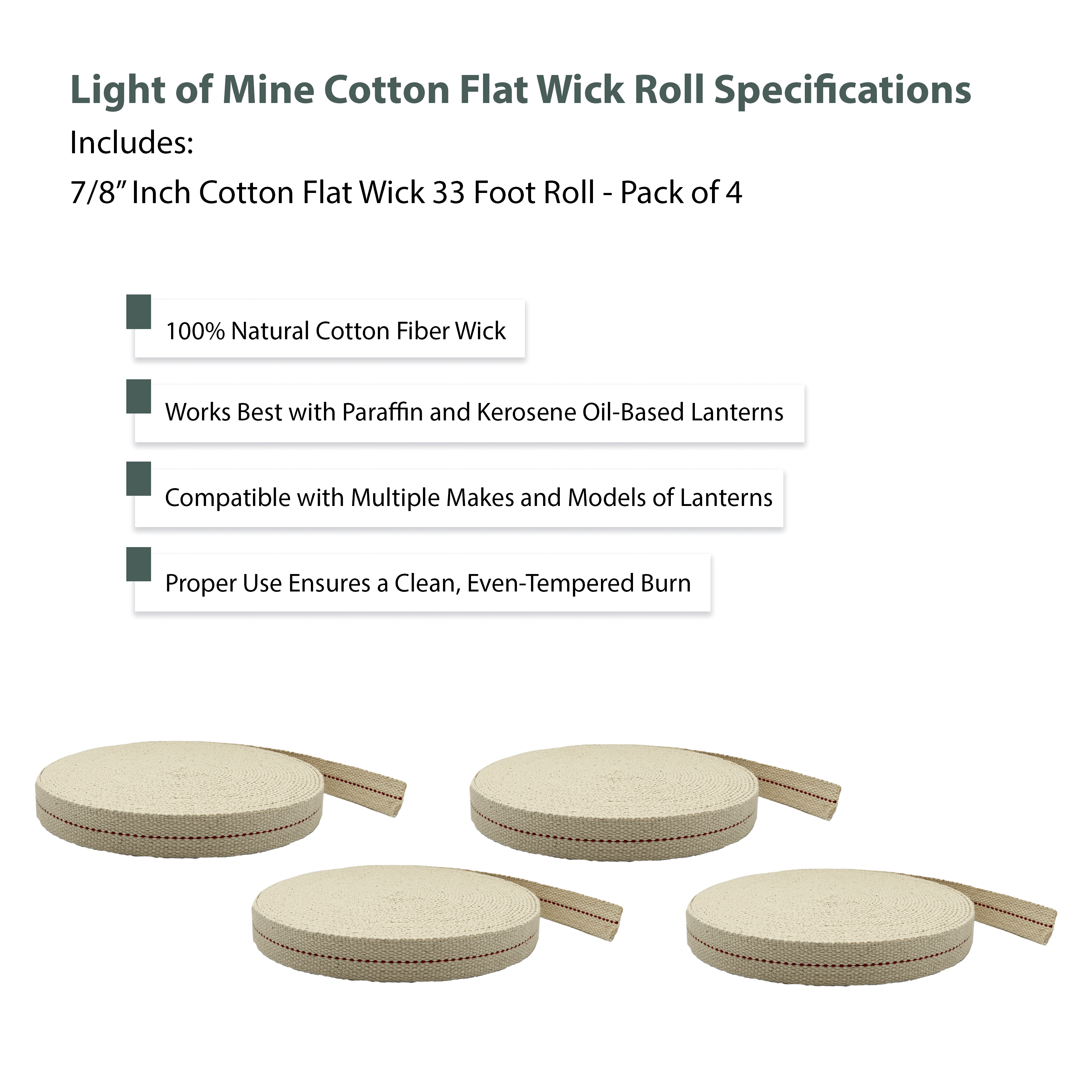 Light of Mine: 7/8" Inch 33' Foot, 100% Cotton Flat Wick - 4 Pack for Paraffin Oil, Kerosene Based Lanterns, and Oil Lamps with Genuine Red Stitch