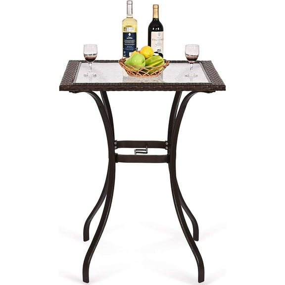S AFSTAR 37” Height Bistro Table with Umbrella Hole, Tempered Glass Top & Wicker Covered Edge, Counter Height Square Outdoor Bar Table for Garden, Patio, Poolside & Deck
