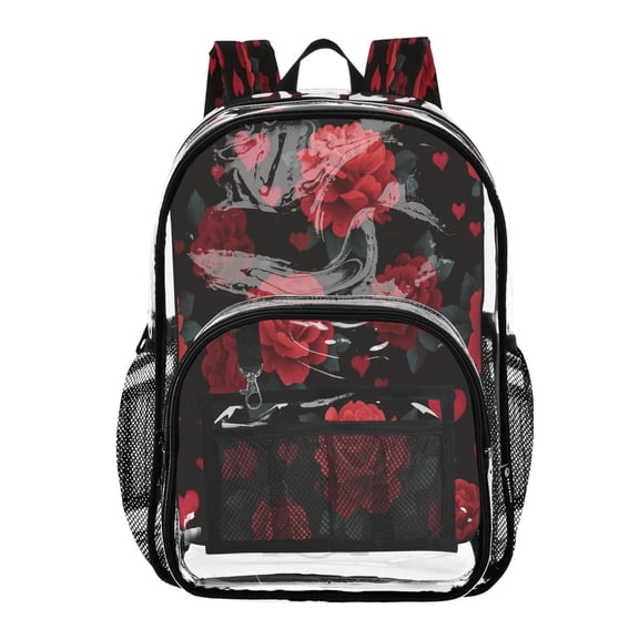 PVC Transparent Backpacks Clear Backpack for Travel and Outings Red Roses and Hearts Pattern