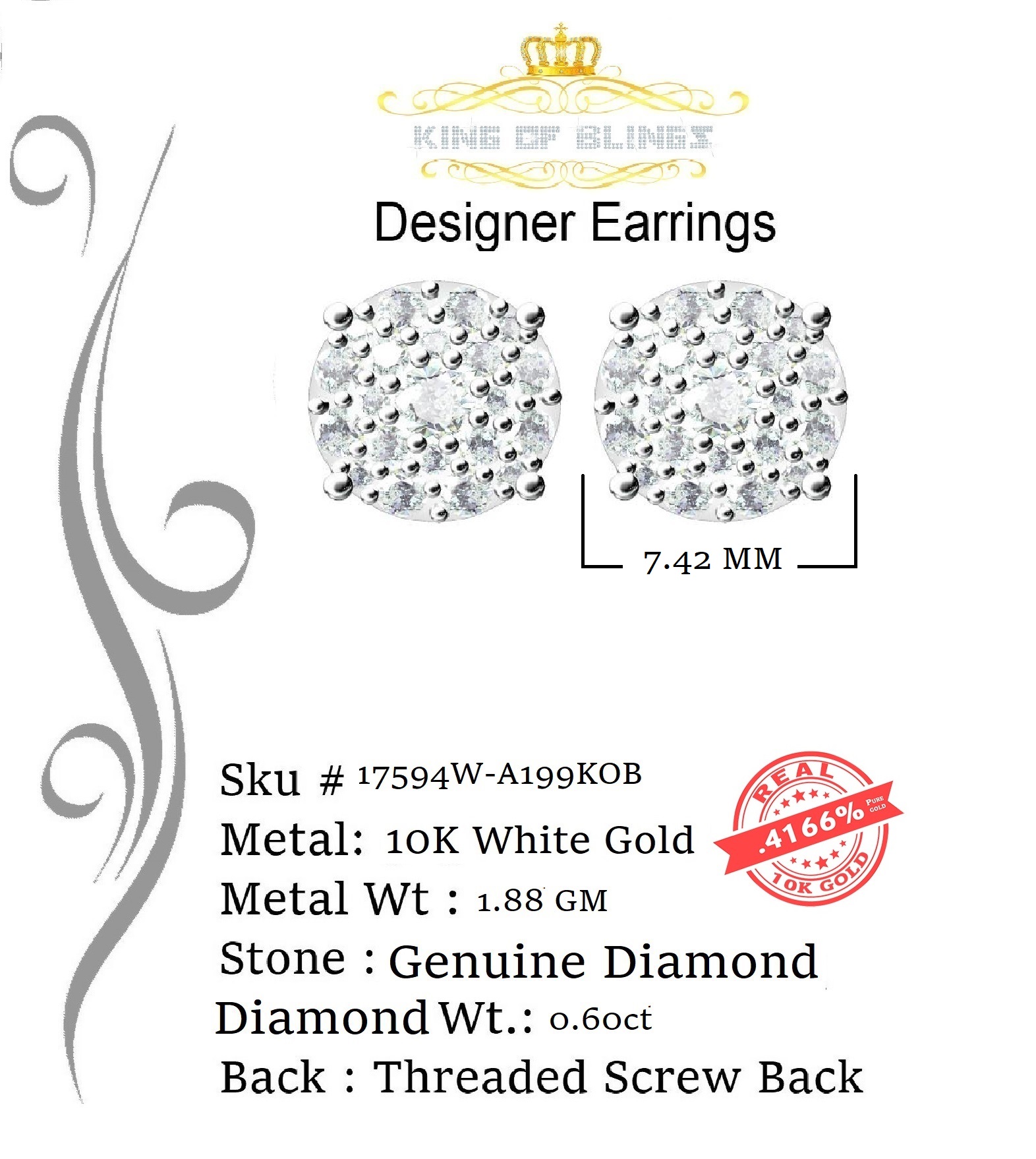 10K Real White Gold Real Diamond 0.60CT Men's/Women's Stud Round Earrings