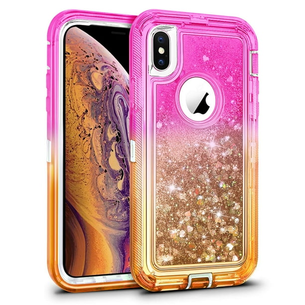 For Apple iPhone XR Tough Defender Sparkling Liquid Glitter Heart Case