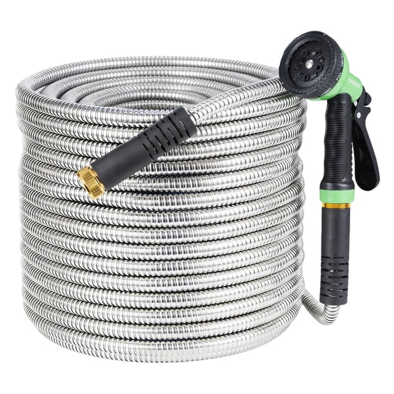 50ft Stainless Steel Garden Hose with 10-Pattern Spray Nozzle – Heavy Duty, Rust Proof, Lightweight, Kink-Free Metal Water Hose for Lawn, Yard, Car Wash, and Outdoor Use