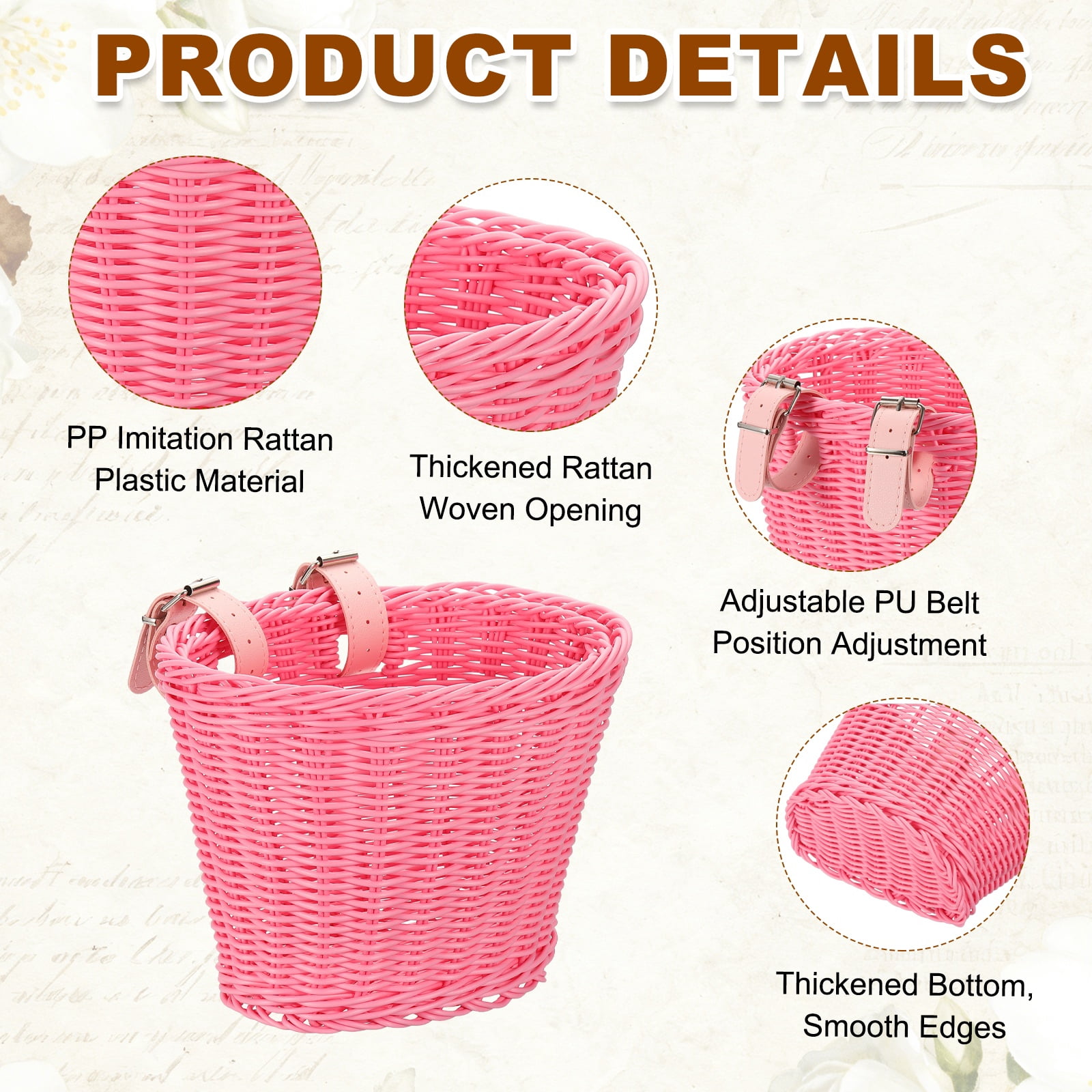 Uxcell Bike Basket Front, Hand-Woven Bicycle Basket with Adjustable PU Belts 2 Pack & Fuchsia, Pink-Fitting For(Most Road Bikes, Bicycles/Scooters)