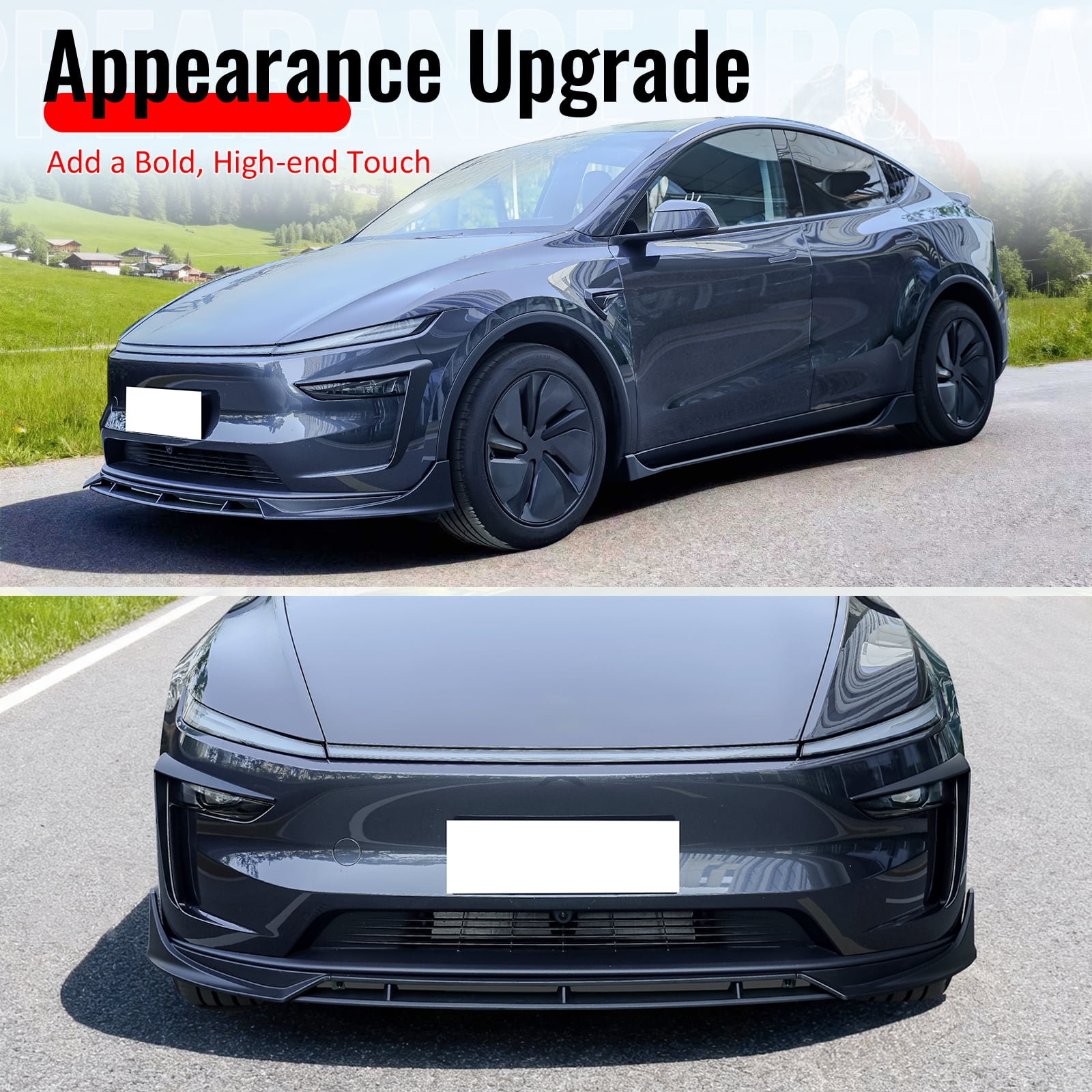 Ikon Motorsports Front Bumper Lip, Compatible with 2025-2026 Tesla Model Y Juniper, IKON Style Matte Black ABS Plastic Air Dam Chin Spoiler Protector Splitter 4PC