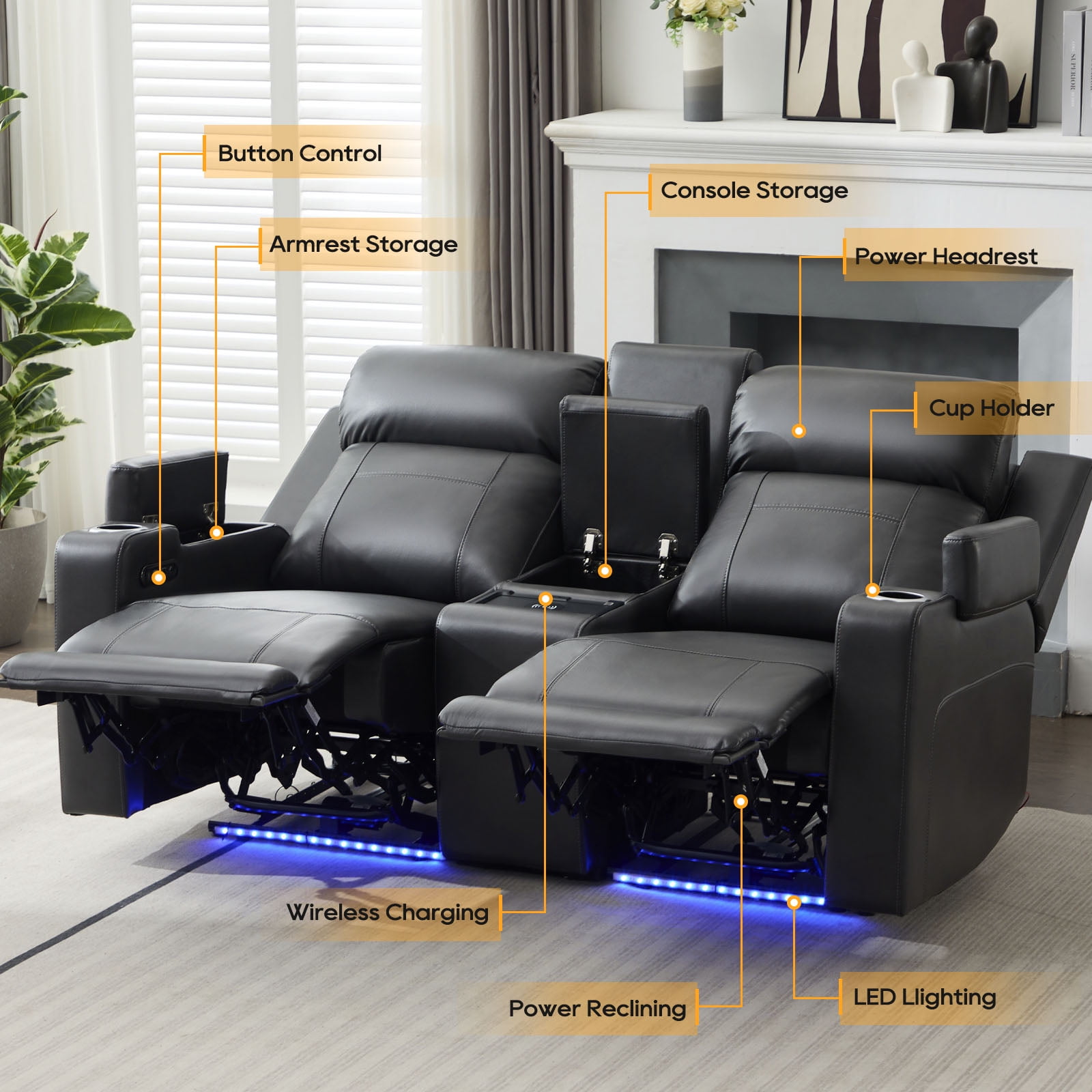 Power Loveseat Recliner Sofa, Home Theater Seating with Adjustable Headrest, Blue LED Lighting, Reclining Loveseat, Storage, Cup Holder, USB, Wireless Charging