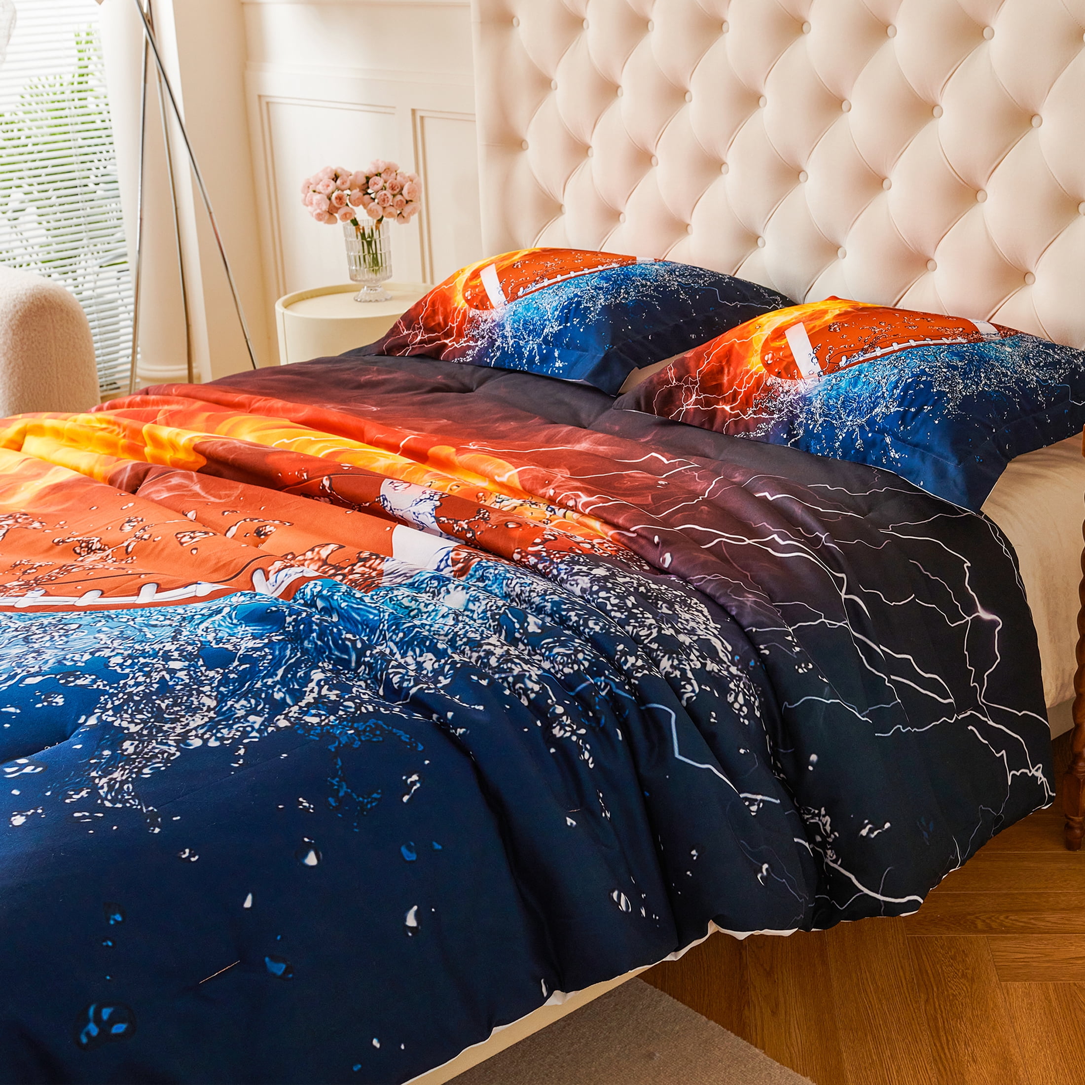 Koniroom 3-Piece Fire and Water Football Comforter Set Full Size for Boys - Bold Sports Bedroom Decor - Themed Bedding Gift Idea