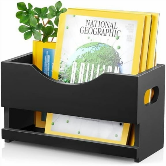 Magazine Rack, Wood Magazine Basket, Magazine Holder for Floor Countertop, Magazine File Newspaper Storage Rack, Magazine Rack for Home Office Bathroom Decor, Black