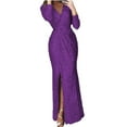 thumbnail image 4 of Robe à Paillettes pour Femmes à Col en V Profond avec Fente, Manches Longues, Robe de Boîte de Nuit, de Fête et de Soirée, 4 of 6