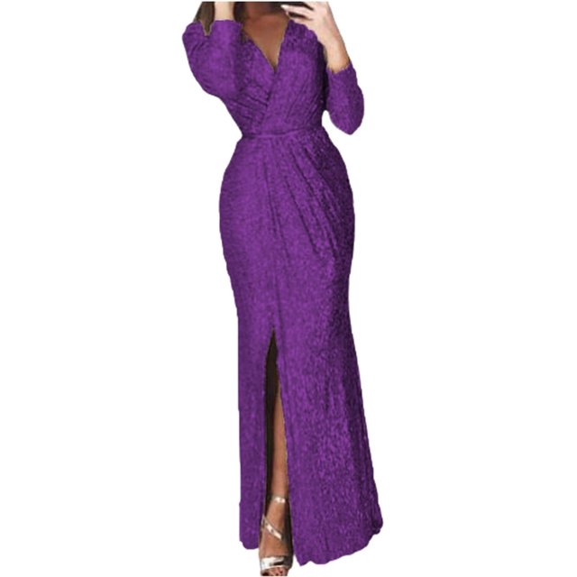 Robe à Paillettes pour Femmes à Col en V Profond avec Fente, Manches Longues, Robe de Boîte de Nuit, de Fête et de Soirée