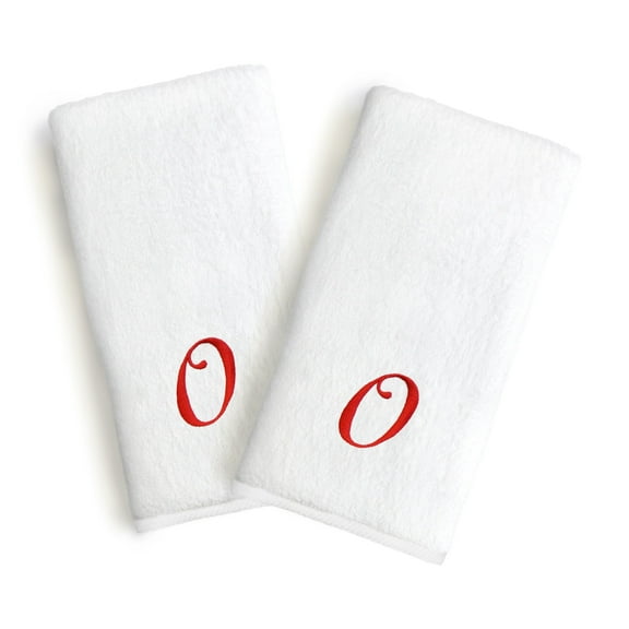 Authentic Hotel and Spa 2-piece White Turkish Cotton Hand Towels with Holiday Red Script Monogrammed Initial White/O