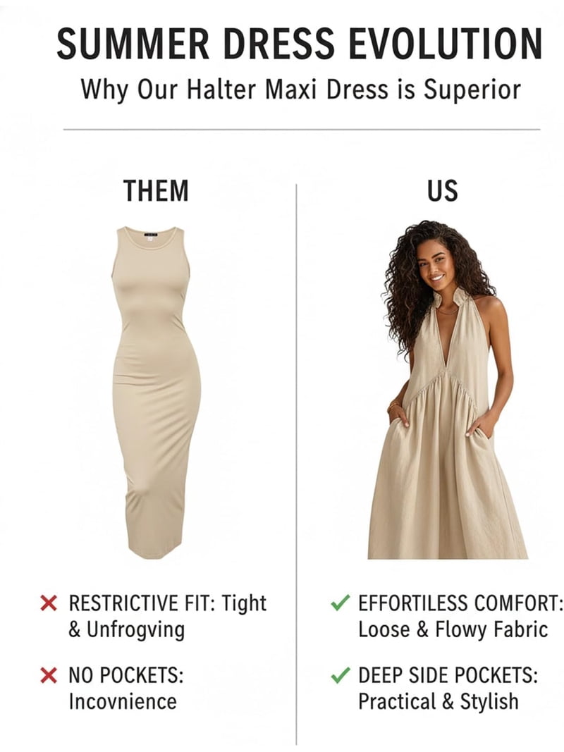 2026 Minimalist Halter Neck Maxi Dress Casual Loose Fit Summer Dress with Pockets for Women Elegant Resort Style