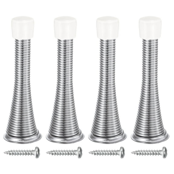 4Pack Spring Door Stopper, 3" Flexible Door Stop with Rubber Bumper & Screws (Steel, Silver)
