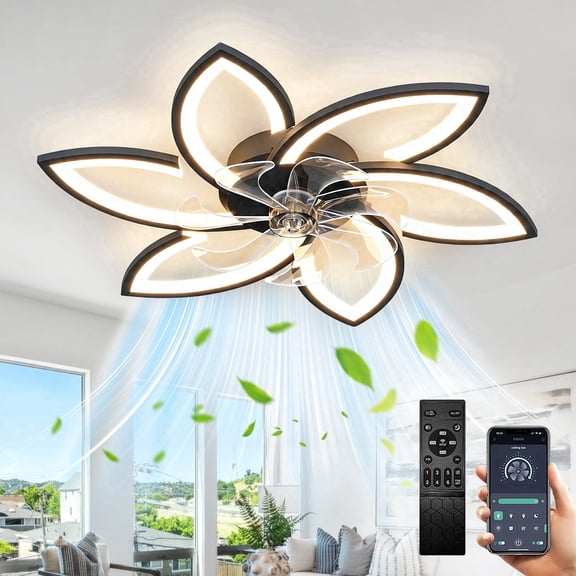 RRBEST Modern Black Ceiling Fan with Light, 21.7" Low Profile Flush Mount Fandelier, Silent Fan with Remote/App, for Bedroom, Kitchen, Living Room