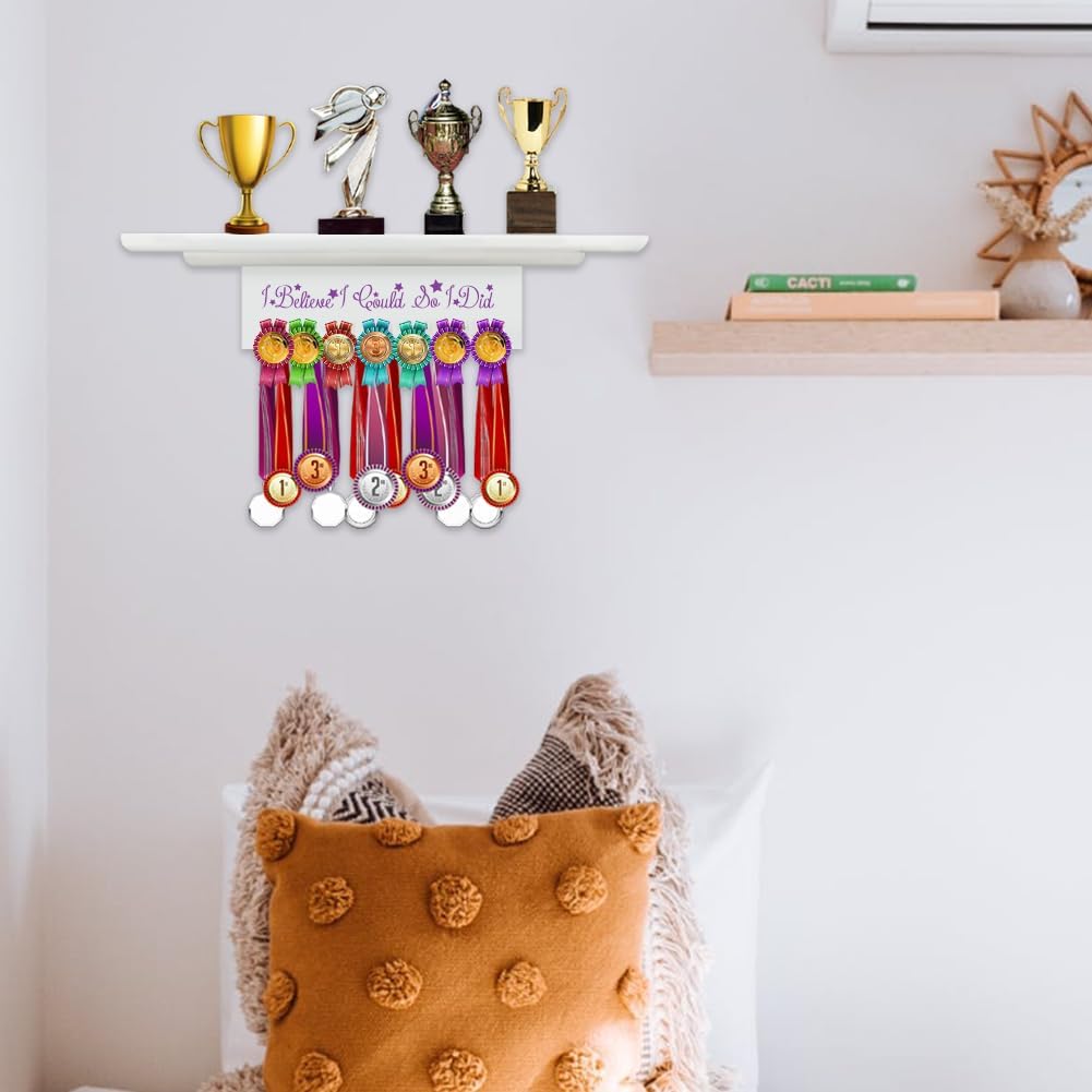 1set Trophy and Medal Display Shelf Wooden Trophy Shelf Board Display Hooks for Medals Wall Mount Medal Holder Display Rack Hanger Gymnastics Running Race Medals Award for Athletes White DIY