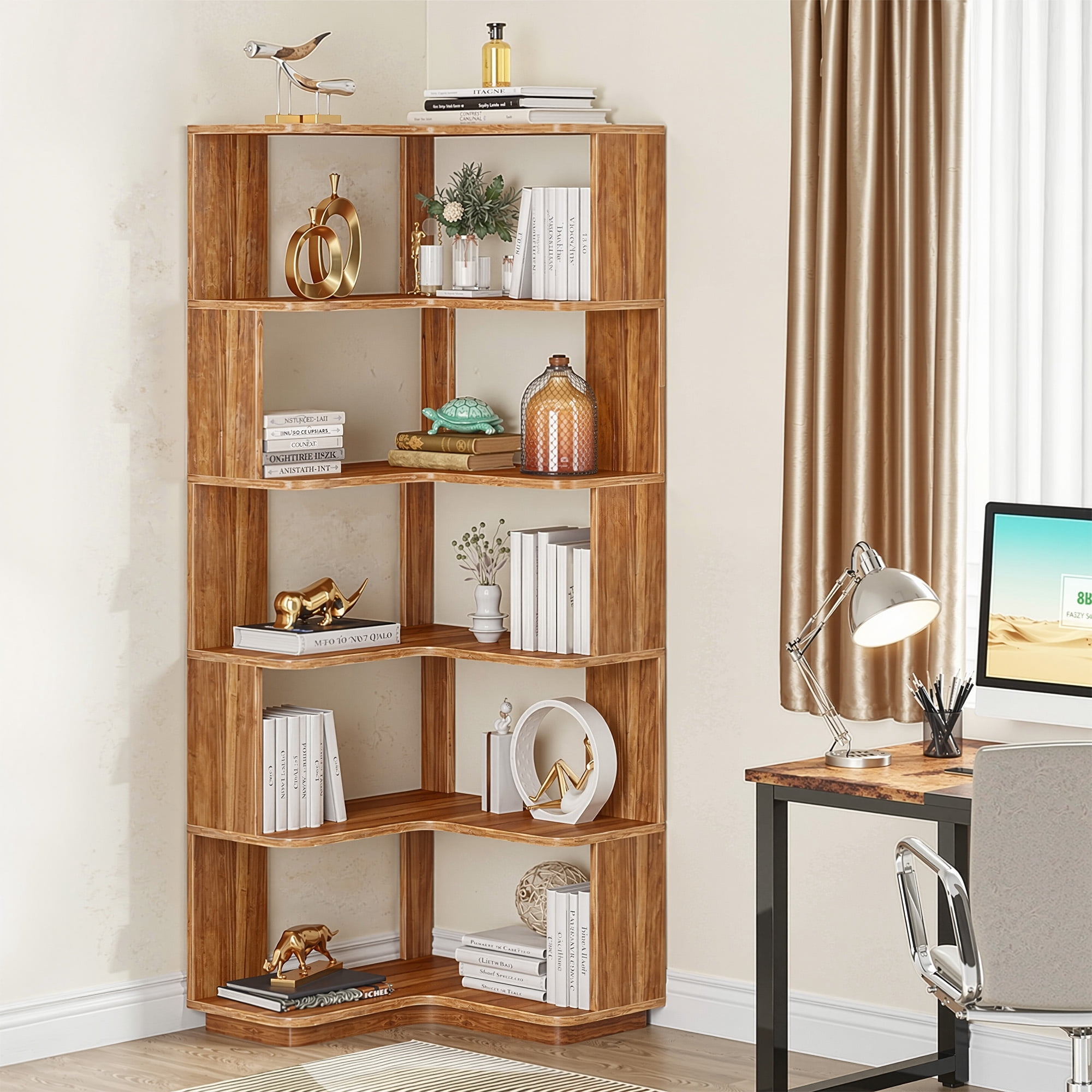 MAYEERTY Industrial 6-Tier Corner Storage Shelf, L-Shaped Bookcase with Anti-Fall Panels for Living Room, Bedroom & Office