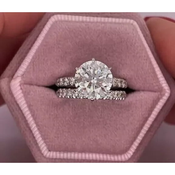 14K White Gold Plated Silver Women's 2Cts Round Cut Lab Created Diamond Bridal Ring Set