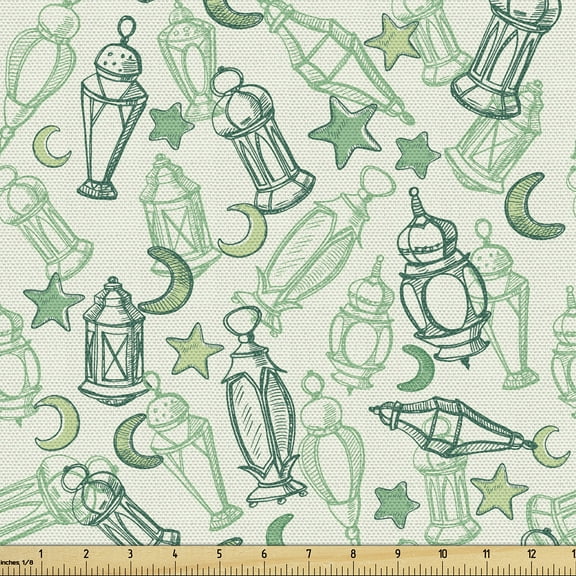 Ambesonne Festival Fabric by the Yard Upholstery, Sketchy Lambs Moons Stars, 3 Yards, Laurel Green and Pale Grey