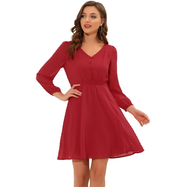 Vestido De Gasa Fluido Sólido Con Cintura Elástica Con Cuello En V Y Manga 3/4 Para Mujer Rojo M