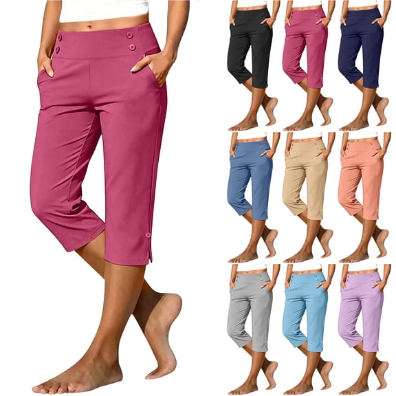 Bloomae Capri Pants for Women Summer Button Decor Elastic High Waist Stretch Golf Capris Straight Leg Work Casual Side Slit Cropped Trousers with Pockets
