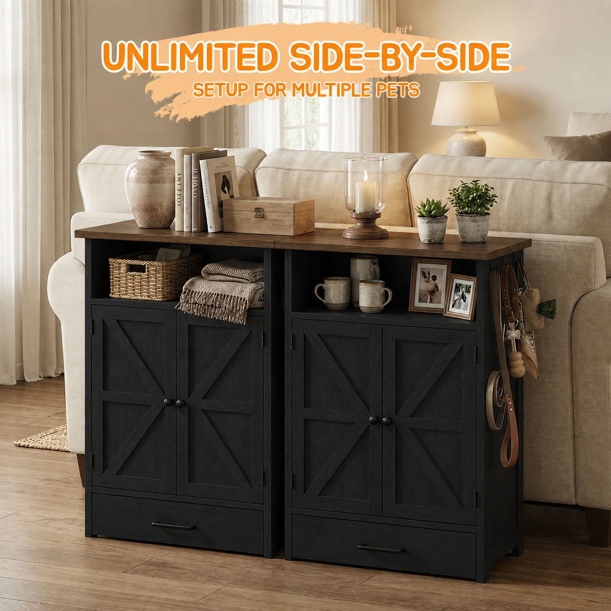 MAYEERTY Dog Feeding Station Cabinet with Elevated Bowls, Farmhouse Pet Feeder Station with Hidden Pull-Out Drawer, for Pet Supplies