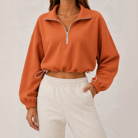 Womens Cropped Sweatshirt, Quarter Zip Pullover with Stand Collar, Drawstring Hem, Oversized Long Sleeve Tops for Fall Winter S