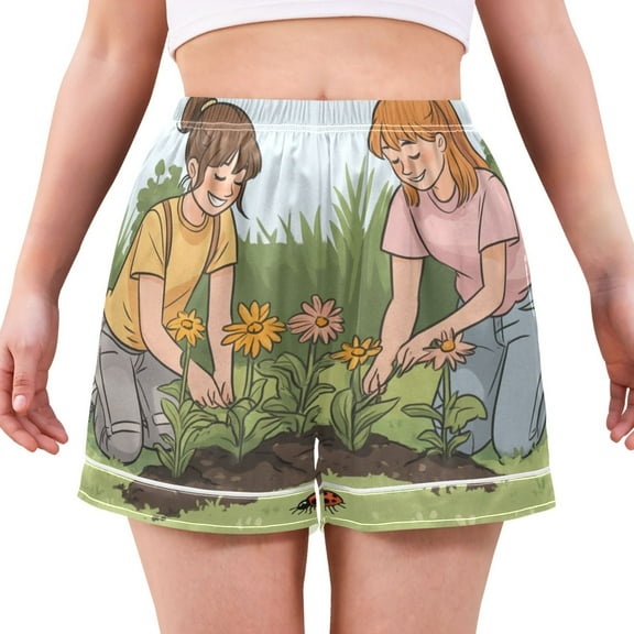 Women's Satin Pajama Shorts Planting Flowers with Pockets, Elastic Waist Sleep Lounge Shorts