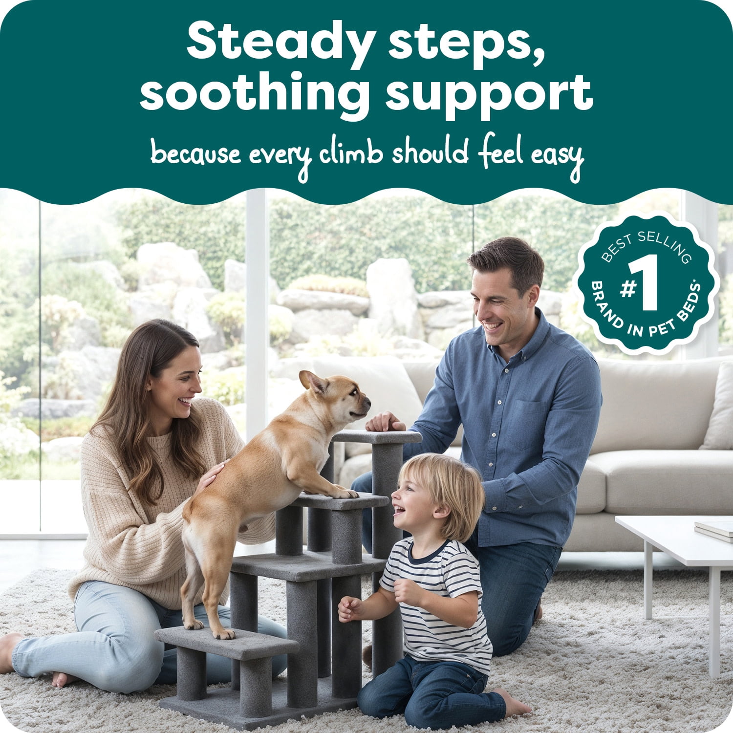 FurHaven Steady Paws Multi-Step Pet Stairs for High Beds & Sofas, Faux Fur Covered Dog Stairs for Small & Large Dogs, 4-Step Design, Plush Faux Fur, Gray