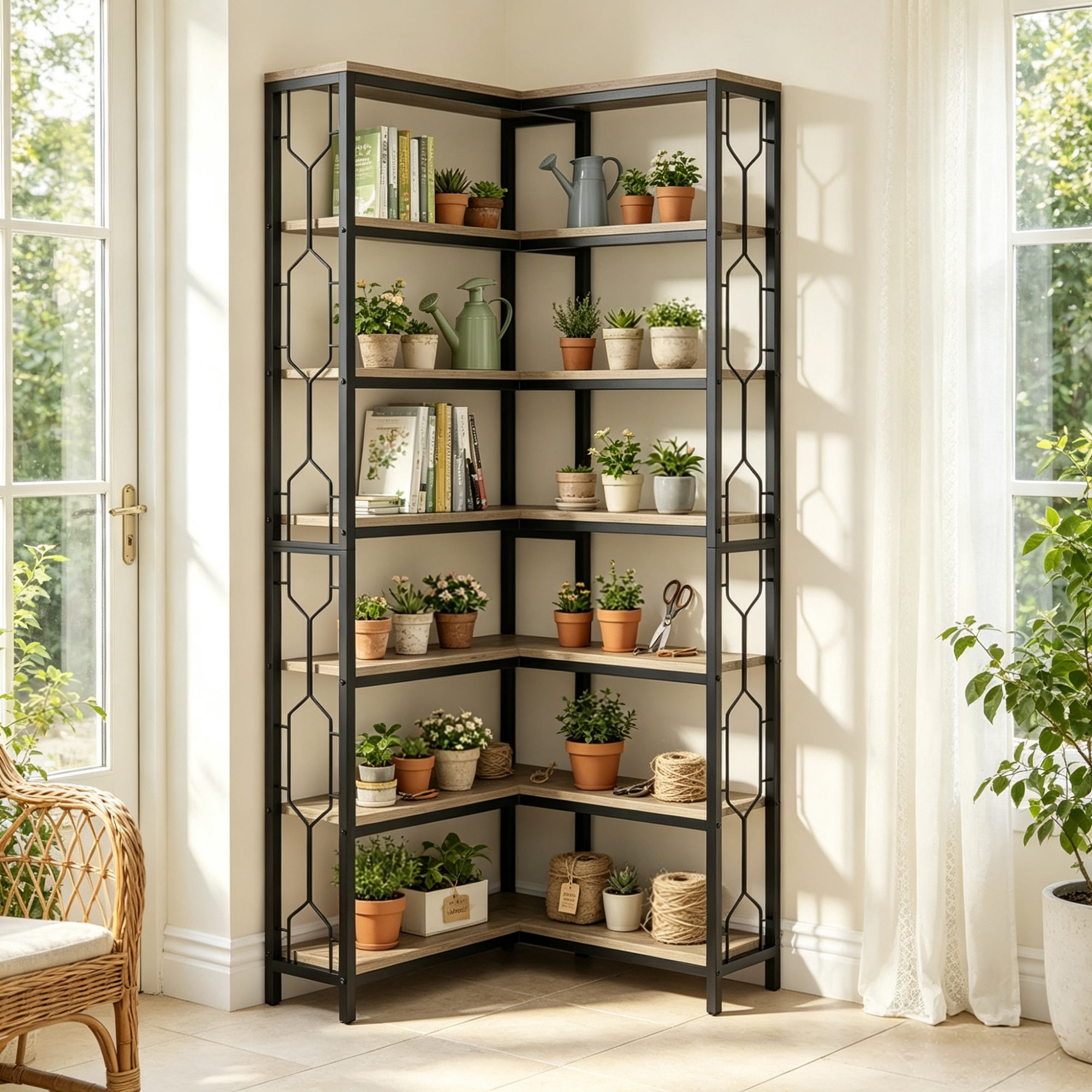 7-Tier Industrial Corner Bookshelf & Etagere Bookcase, 41.34 in x 11.61 in x 10.43 in