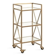 Kate and Laurel Blex Glam Metal and Glass Rolling Bar Cart, 16 x 13 x 32, Gold, Decorative Three Tier Rolling Cart with Locking Wheels and Glass Shelving