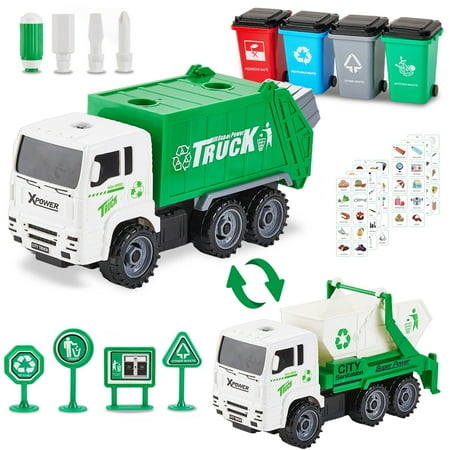 Zacro Garbage Truck Toy Set, Friction Powered Trash Truck Toy with 4 Trash Bins and 108 Learning Cards, Push and Go Car Toy for Kids Ages 3 and Up