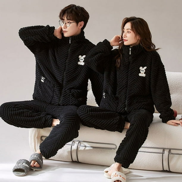 Pijamas de pareja de otoño e invierno de forro polar coral grueso para mujer, franela de invierno con dibujos animados para hombre, ropa de casa, traje con cremallera