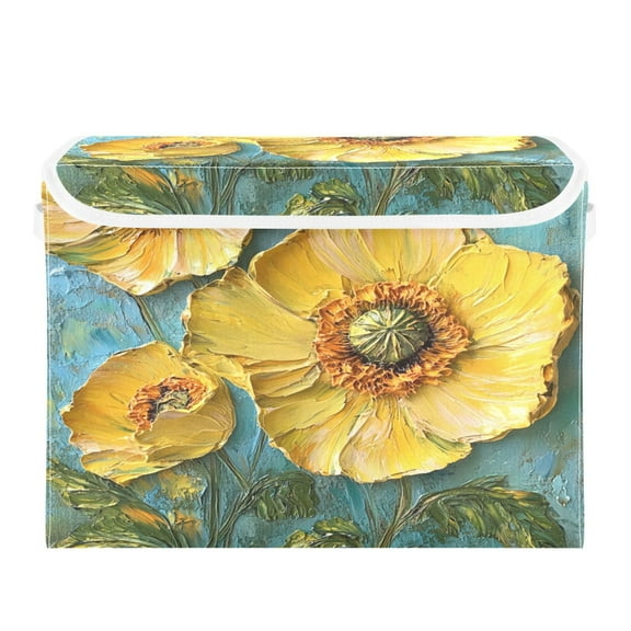 WOBOGO Yellow Flowers Pattern Large Collapsible Storage Box Flip Lid Fabric Decorative Organizer Container Basket with Handles 16.5×12.6×11.8in
