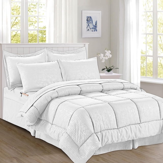 Mocassi Comforter Set, 8-Piece Bamboo Down Alternative, Soft & Plush Bedding Set Perfect for Any Bed Room, Full/Queen Size, White