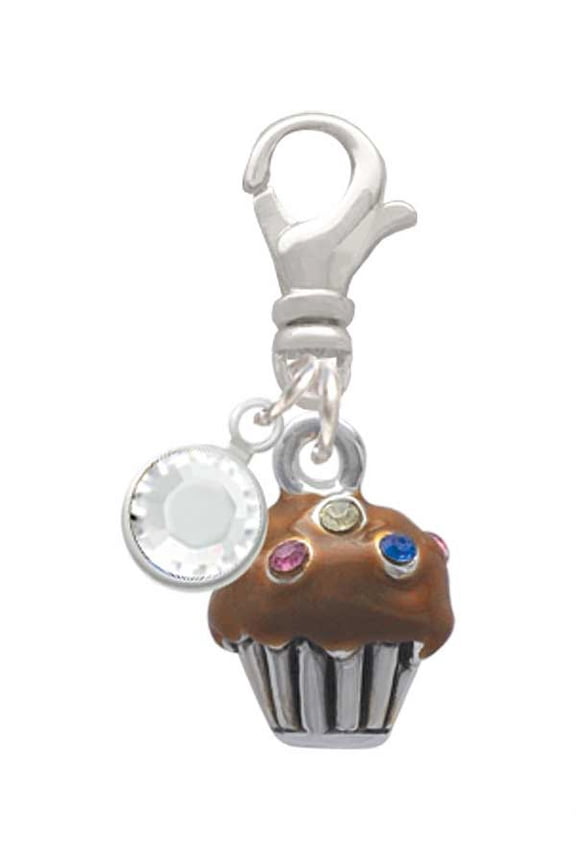 Silvertone Small Chocolate Cupcake with Crystal Sprinkles - Silvertone Clip on Charm with Clear Crystal Drop