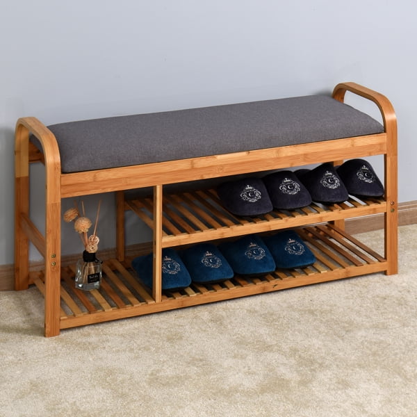 HLONK Living Room Bamboo Storage Bench, Entrance 3 Shelf Stools with