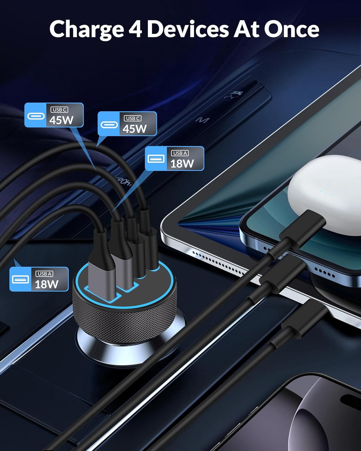 iPhone 17 16 15 Car Charger Fast Charging, 90W 4-Port USB C Fast Car Charger Cigarette Lighter Adapter with 240W 3FT USB-C Cable for iPhone 17/Air/17 Pro/16/15 Pro Max/Plus/16e, iPad, Galaxy, Android