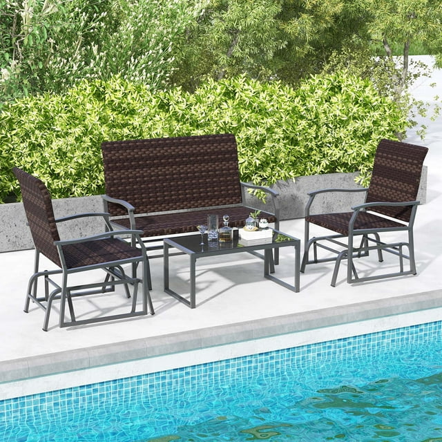 Costway 4 Piece Patio Gliding Set with Tempered Glass Coffee Table Quick Dry Foam Poolside All Weather