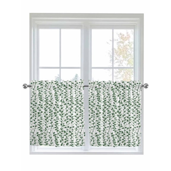 Green Ivy Leaves 2 Panel Kitchen Curtains for Small Windows, Spring Plants Botanical Modern Country Bathroom Tier Curtain, Short Window Treatment for Bedroom/Living Room 55"x24"
