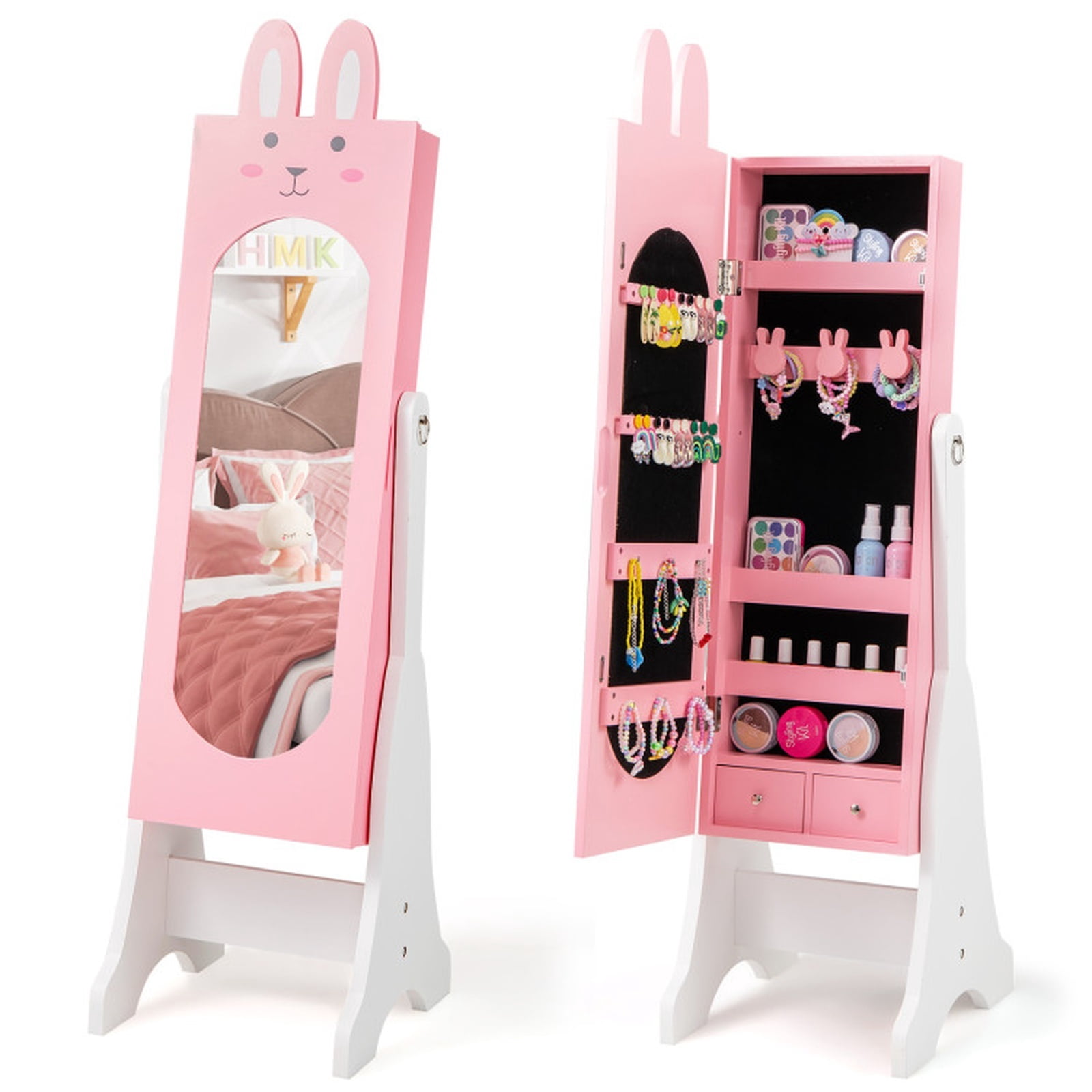 Furnibear Kids Room Furniture Set with Princess Vanity Table and Chair and Jewelry Armoire Mirror for Girls Bedroom, Pink