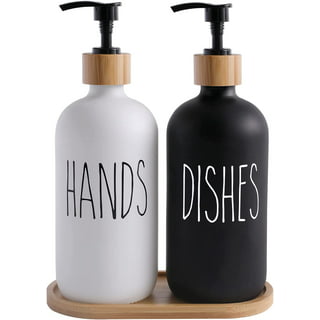 GMISUN Hand and Dish Soap Dispenser Set, 2 Pack Kitchen Soap Dispenser Set with Tray and Bamboo Dish Brush, 16 oz Thick Amber Glass Liquid Pump Bottle