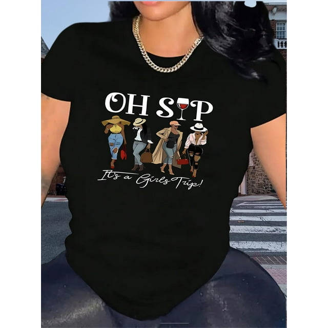 Camiseta para mujer verano cuello redondoWomen's Fashion Casual T-Shirt with English Letter Print, Round Neck, Short Sleeve, Comfortable Summer Top, Polyester and Spandex Blend, Machine Washable, Pa
