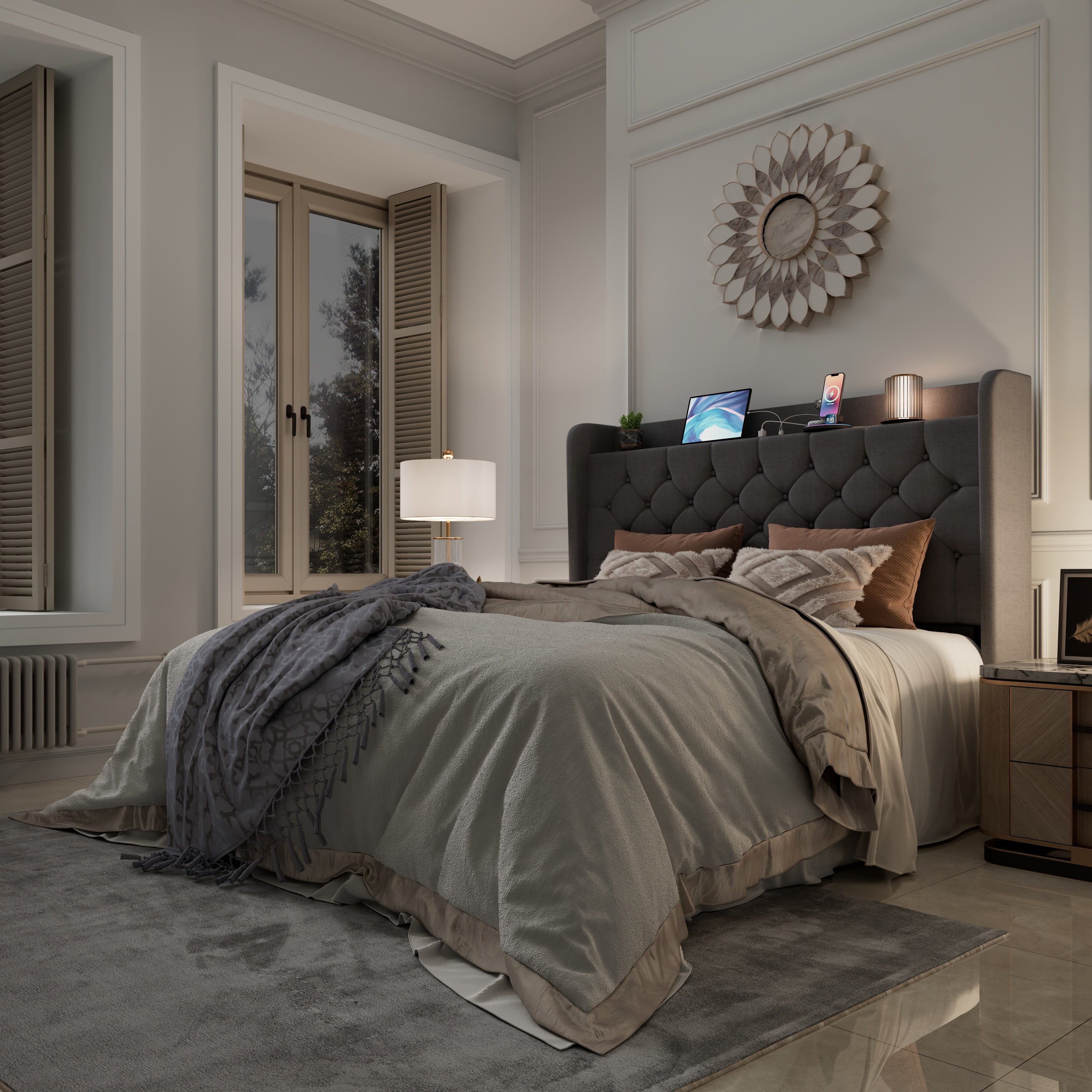 Amolife Full Bed Frame with Storage Wingback Headboard and Fast Charging Hub, Upholstered Platform Bed, No Box Spring Required, Deep Gray