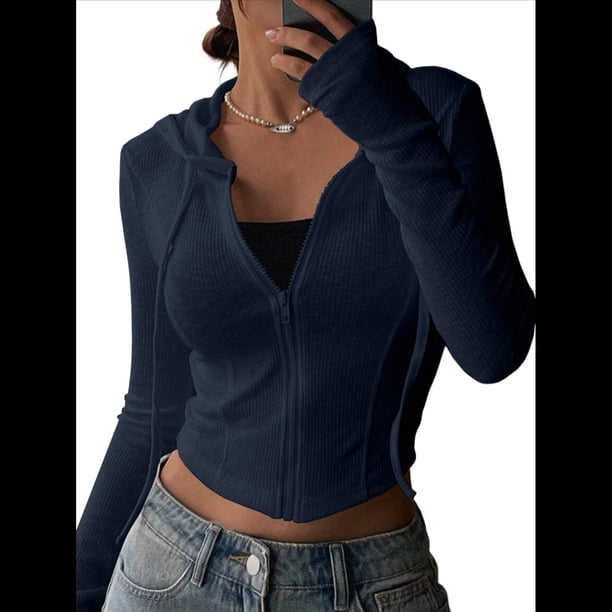 Chaqueta Corta Ligera con Capucha, Cremallera y Cordón de Larga para Mujer Azul Marino XXL