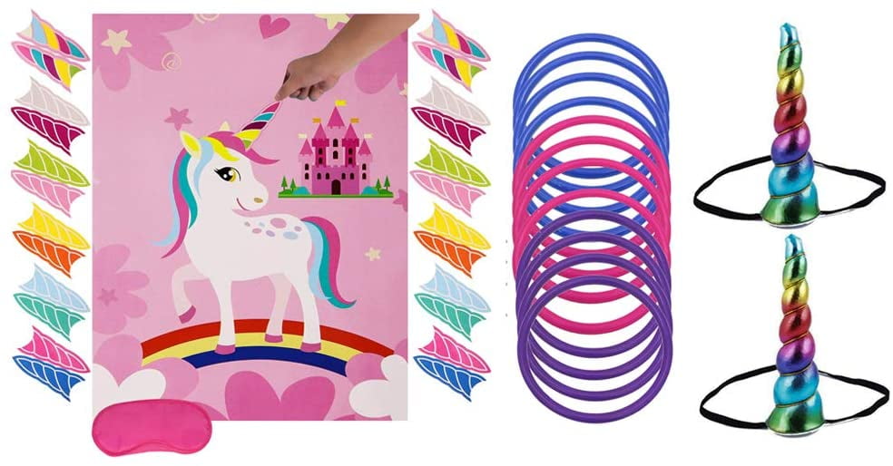 Unicorn Party Game Set,Unicorn Ring Toss Game Pin The Horn on The Unicorn,Birthday Party Favor