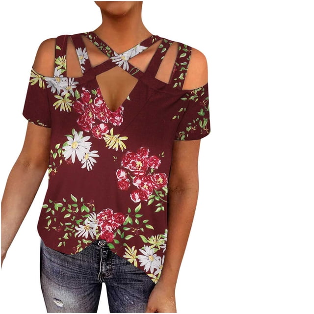 Fiudx Liquidación de Ofertas Flash Blusa de Manga Corta con Cuello En V y Hombros Descubiertos para Mujer