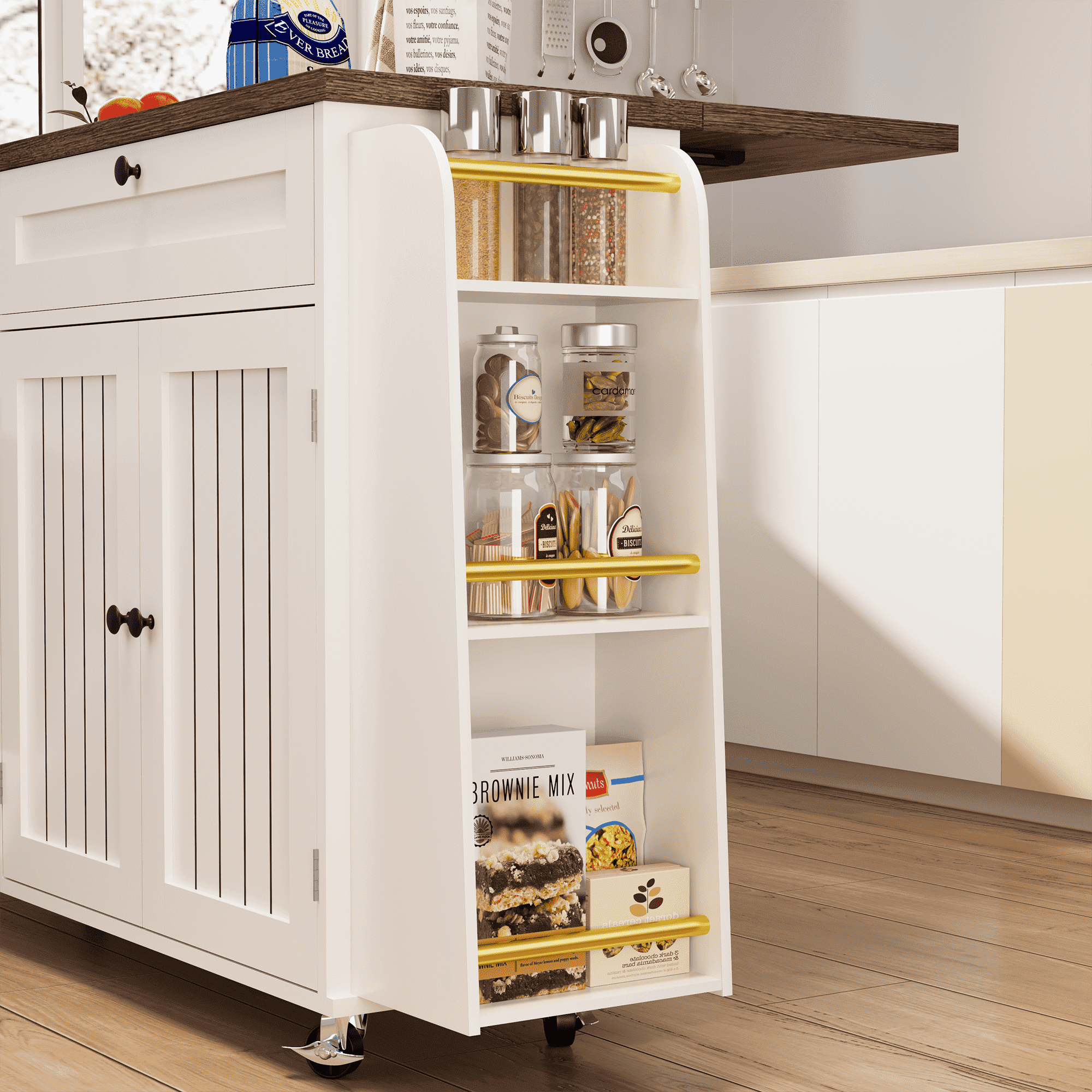 Mobile Folding Kitchen Island, Equipped with a power socket, USB interface, large capacity storage cabinet, drawers, 60 inch scroll wheel, kitchen island cart with hidden trash bin slot