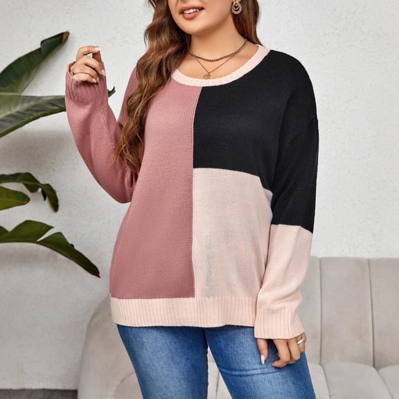 Qulqfy Knit Womens Sweater Cozy Plus Size Pink Pullover Long Sleeve Crew Neck Color Block Shirts Fall Sweaters for Women XXL