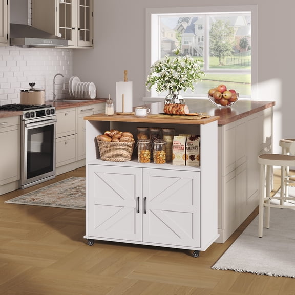 Wisykoke Rolling Kitchen Island with Storage Cabinet, Portable Kitchen Cart, Mobile Kitchen Island with Towel Rack, Wood Top and Lockable Wheels for Kitchen, Dining Room
