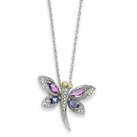 Iolite Pendant Set - Solid 925 Sterling Silver & 14K Simulated Amethyst and Iolite and Diamond Dragonfly Necklace Chain (1mm)
