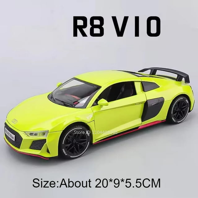 1:24 RS6 R8 V10 Plus Sports Car Model Toy Diecast Metal Simulation Sound Light Supercar Models Collection Kids Toys Gifts R8 V10 lemon Green